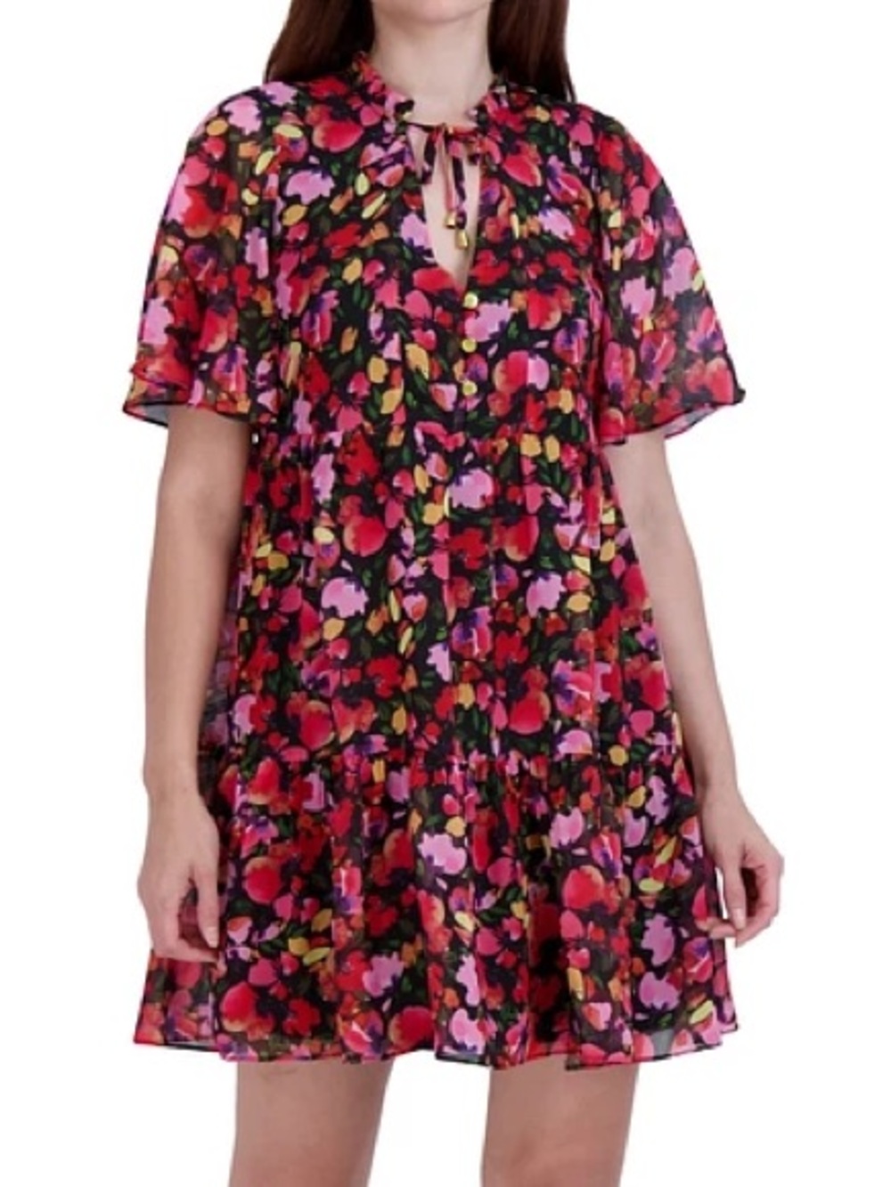 BCBGeneration Women’s Printed Flutter Sleeve Tie-Neck Shift Dress (Size 12)